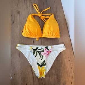 Vibrant Yellow Bikini Top with Floral Bottom, Size L, Never Worn.